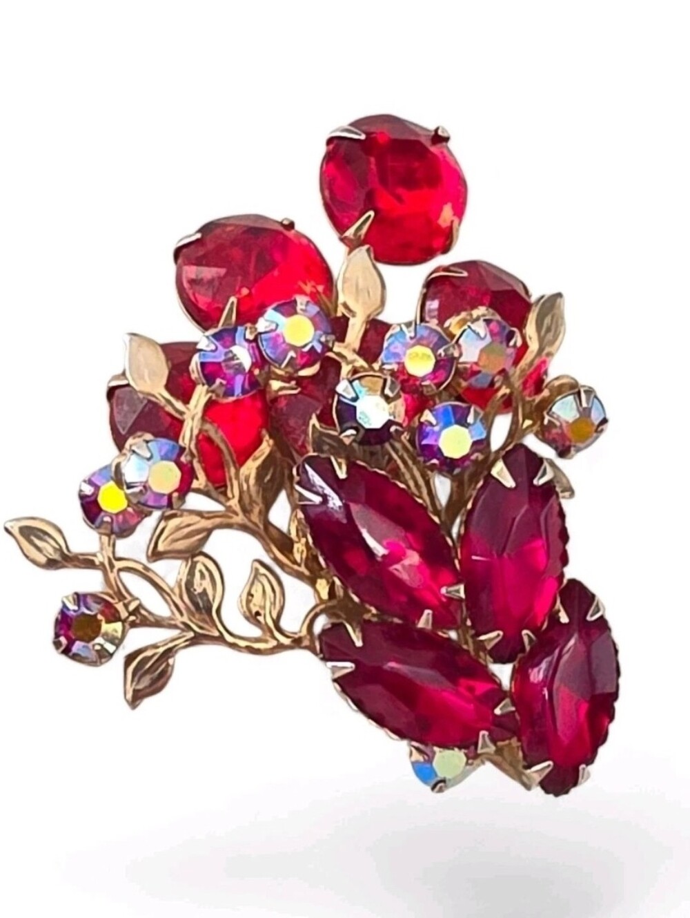 Vintage Signed Judy Lee Red Rhinestone Floral Cluster Spray Brooch AB Crystal